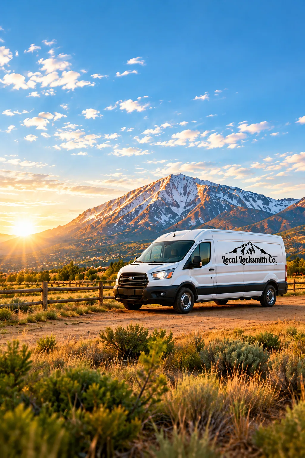 The lettered Local Locksmith Company van in front of Mount Sopris